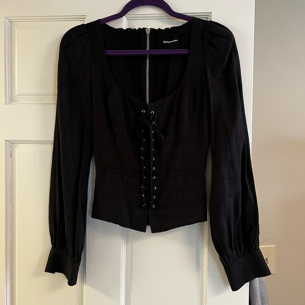 Reformation Black Puff Sleeve Blouse
